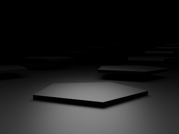 3Dレンダリングされた抽象的な黒い幾何学的な背景。暗い部屋のスタンド。