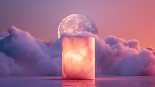 Photo 3d rendered abstract cylinder box with full moon background midautumn festival background