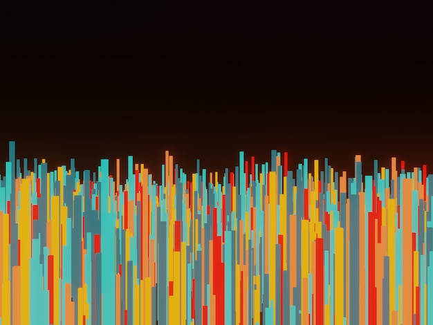 3D rendered abstract random colorful geometric bars on black background.