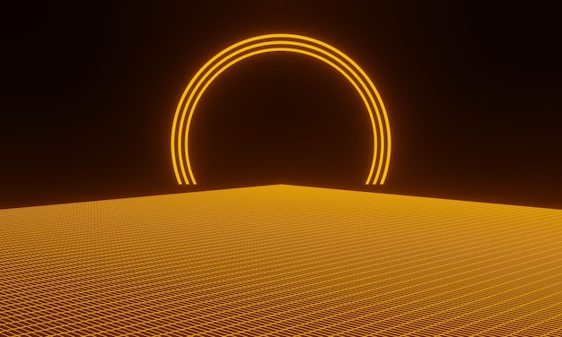 3D rendered abstract retro background. Yellow grid lines.