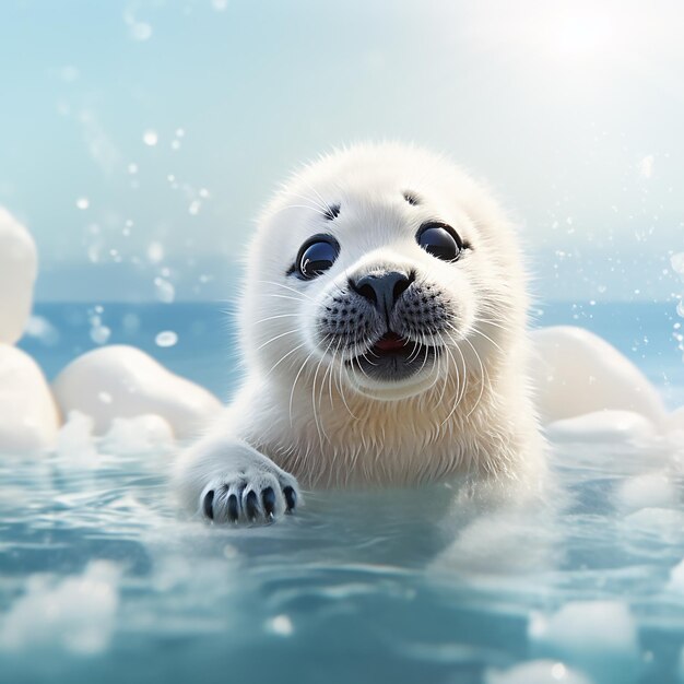 3d rendered adorable little pup seal in ice enjoying