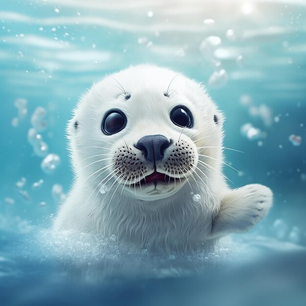 Photo 3d rendered adorable little pup seal in ice enjoying