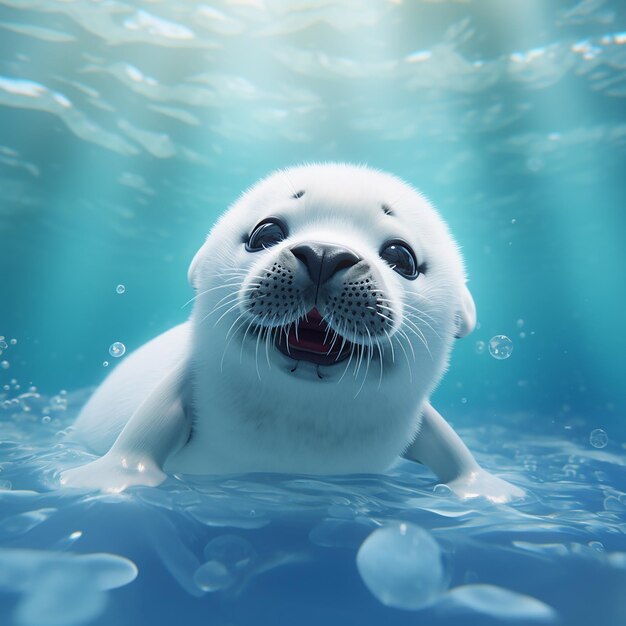 Photo 3d rendered adorable little pup seal in ice enjoying