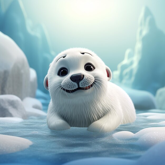 Photo 3d rendered adorable little pup seal in ice enjoying