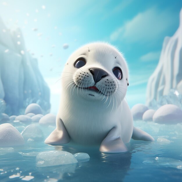 Photo 3d rendered adorable little pup seal in ice enjoying