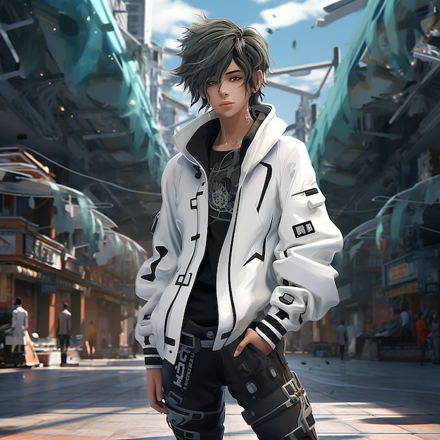 3D rendered anime boy wearing a white shirt standing in a street