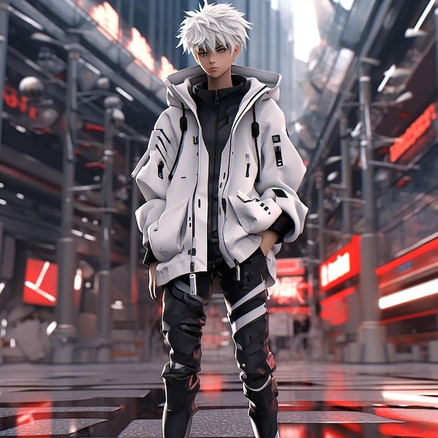 3D rendered anime boy wearing a white shirt standing in a street