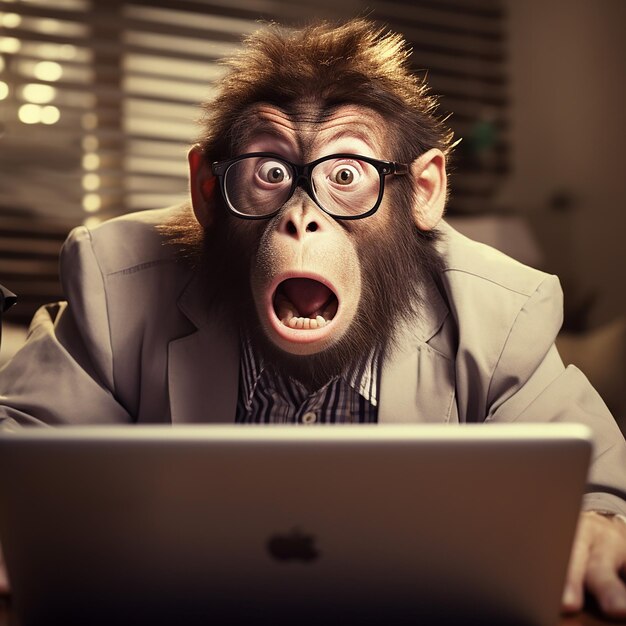 3d rendered anthropomorphic monkey working on laptop frightened look with wide mouth open