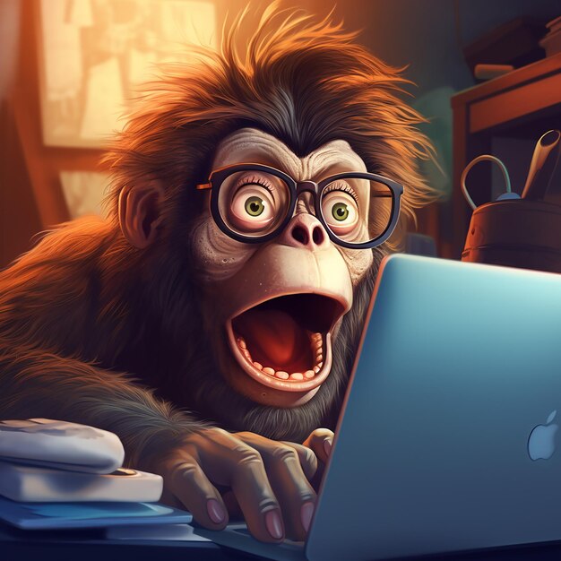 Photo 3d rendered anthropomorphic monkey working on laptop frightened look with wide mouth open