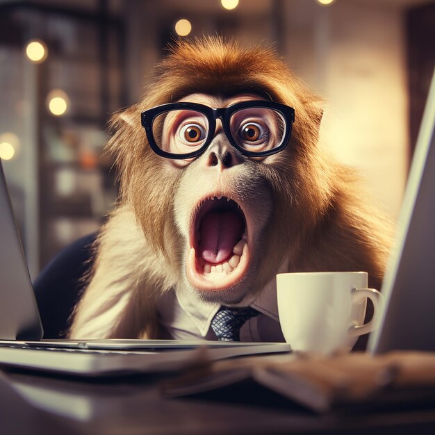 Photo 3d rendered anthropomorphic monkey working on laptop frightened look with wide mouth open