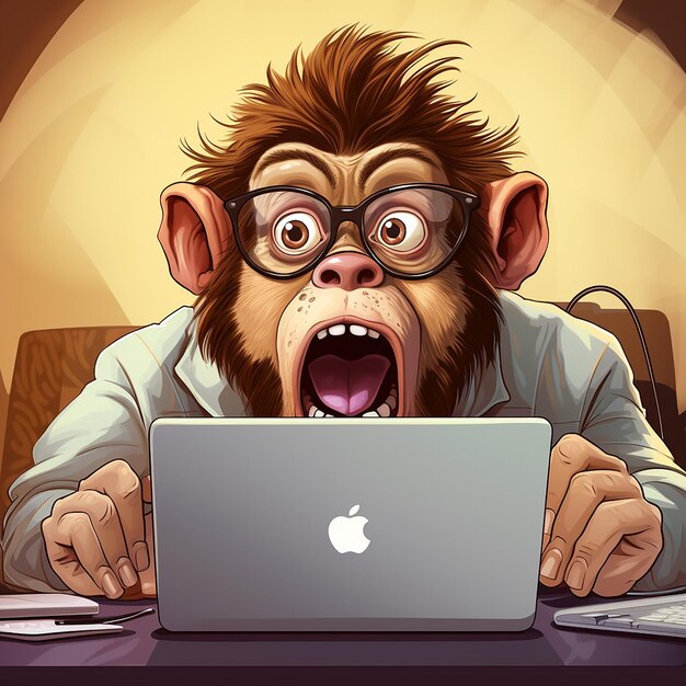 Photo 3d rendered anthropomorphic monkey working on laptop frightened look with wide mouth open