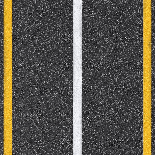3d rendered asphalt road top view with white and yellow lines
