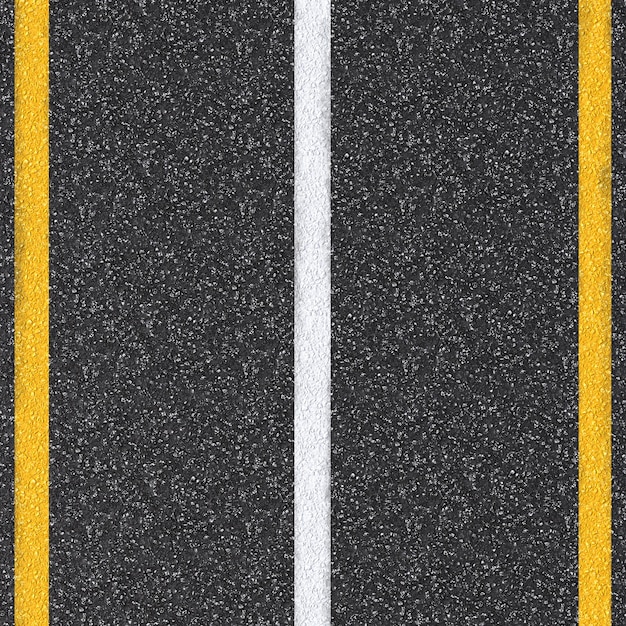 Photo 3d rendered asphalt road top view with white and yellow lines