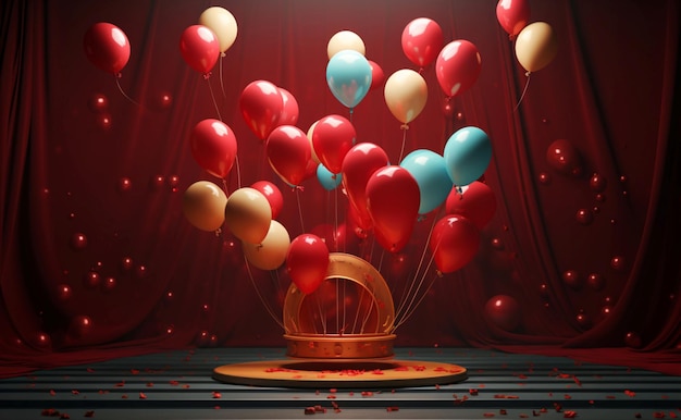 3D rendered balloons on a theatrical stage poised for a vibrant performance