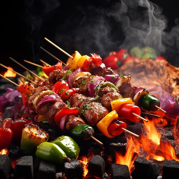 3d rendered Barbecue skewers meat kebabs with vegetables on flaming grill