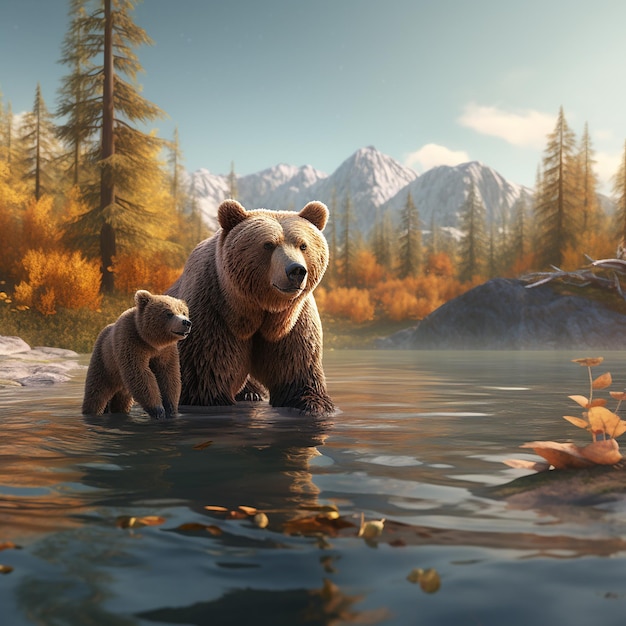 Photo 3d rendered a bear and her cub are swimming in the water view of wild bear bear walking in forest