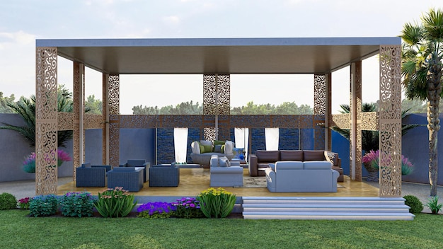 3d rendered of a beautiful arabian-style patio with landscaping and water feature