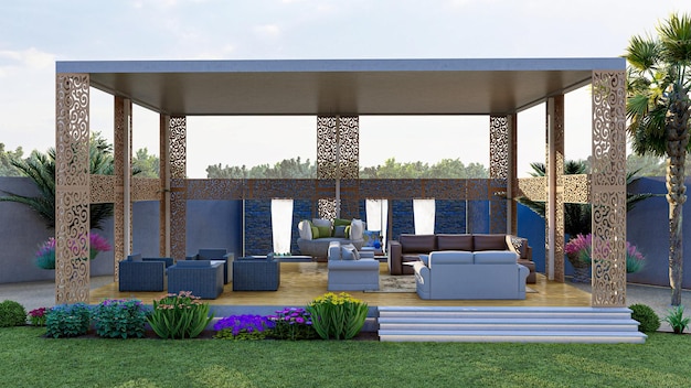 3D rendered of a beautiful Arabian-style patio with landscaping and water feature