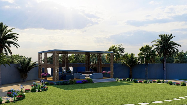 3d rendered of a beautiful arabian-style patio with landscaping and water feature