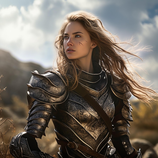 Photo 3d rendered beautiful girl in armor