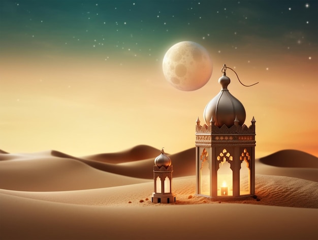 3D rendered Beautiful Islamic background with lanterns in sand template