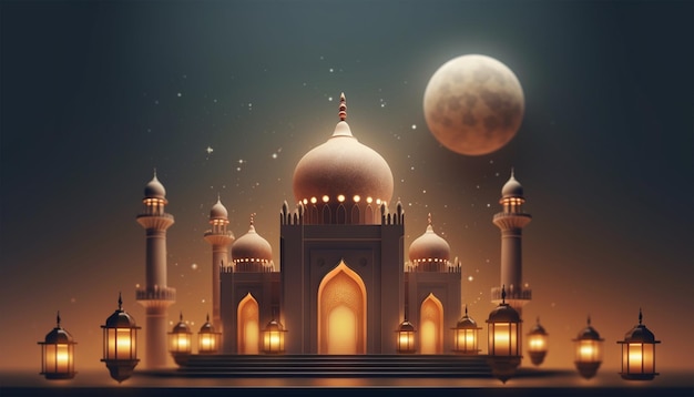 3D rendered Beautiful Islamic background with mosque and lanterns template