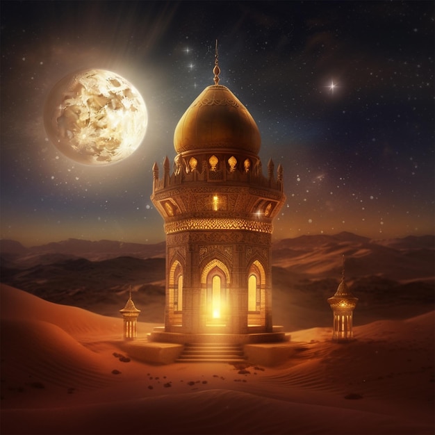 3D rendered Beautiful Islamic background with mosque and lanterns template