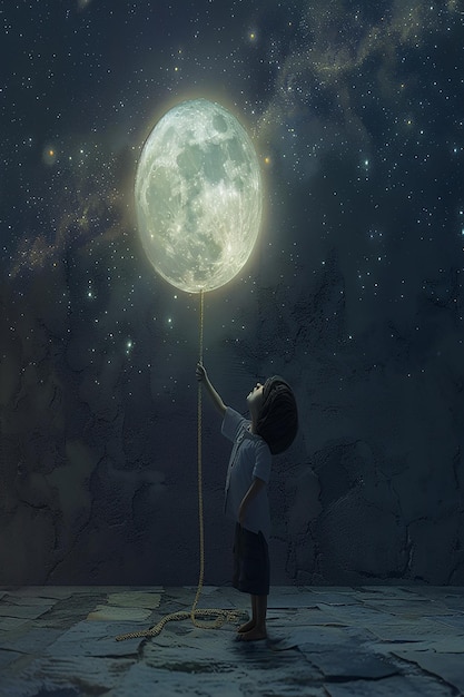 3d rendered beautiful photorealistic a child holding the rope which is tied up with moon at night