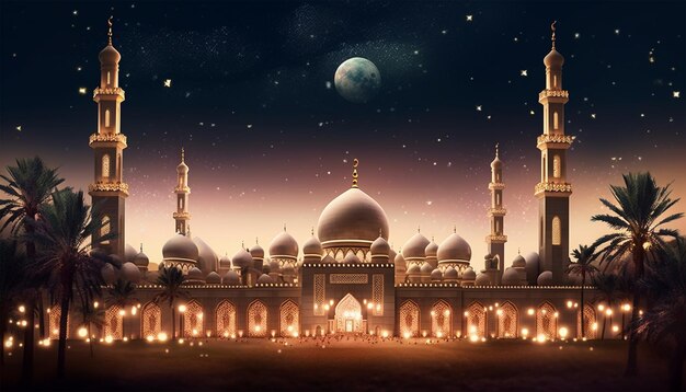 3 D レンダリングされたイスラムの要素テンプレートと美しい輝くイスラムの背景