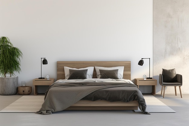 壁紙ステッカーやアート用のスペースを備えた 3D レンダリングされた寝室のモックアップ