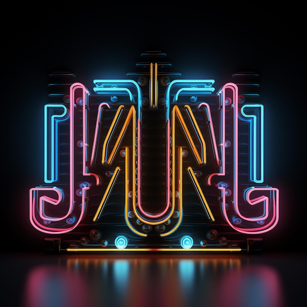 Photo 3d rendered black background with trendy neon letters sign