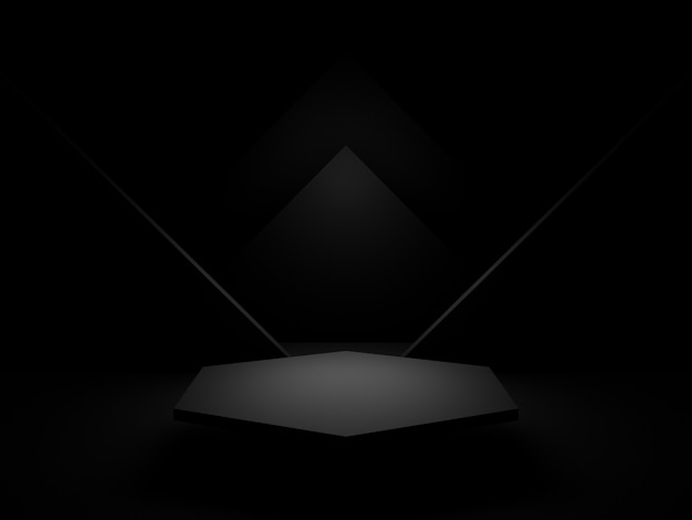 3Dレンダリングされた黒い幾何学的表彰台。暗い背景。