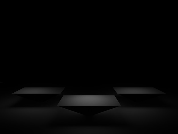 3Dレンダリングされた黒い幾何学的表彰台。暗い背景。