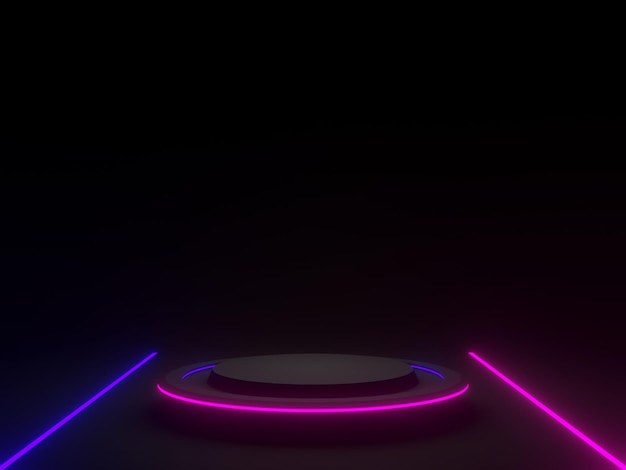 3D rendered black geometric podium with blue and purple neon lights