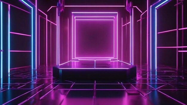 3d rendered black geometric podium with blue and purple neon lights