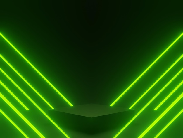 3D rendered black geometric podium with green neon lights SciFi mock up