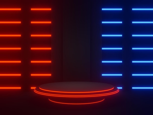 3D rendered black geometric podium with red and blue neon lights