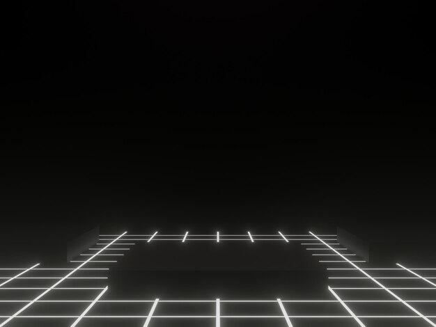 Photo 3d rendered black geometric podium with white neon lights