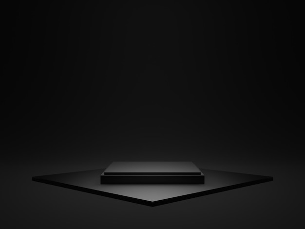 3D rendered black geometric product podium. Dark background.