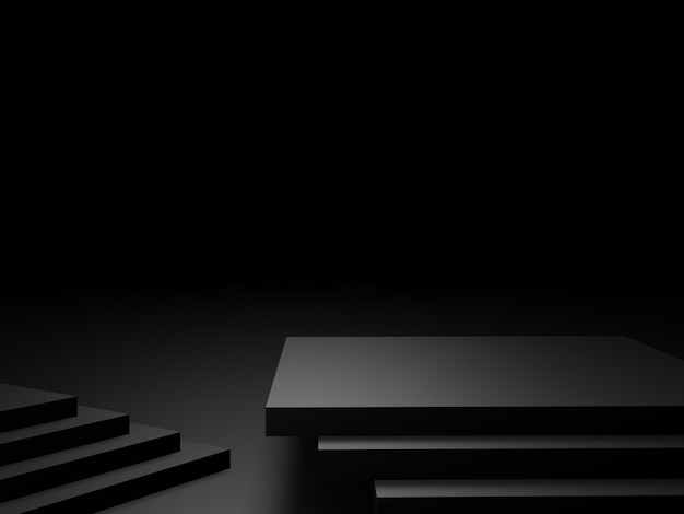 3D rendered black geometric product podium. Dark room background.