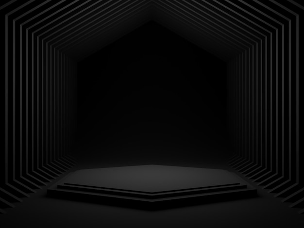 3D rendered black geometric product podium Dark room background