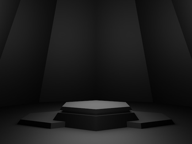 3D rendered black geometric product stand. Dark background.