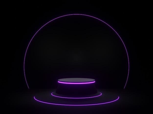 3d rendered black geometric product stand with purple neon light