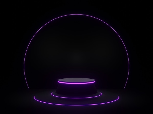 3D rendered black geometric product stand with purple neon light