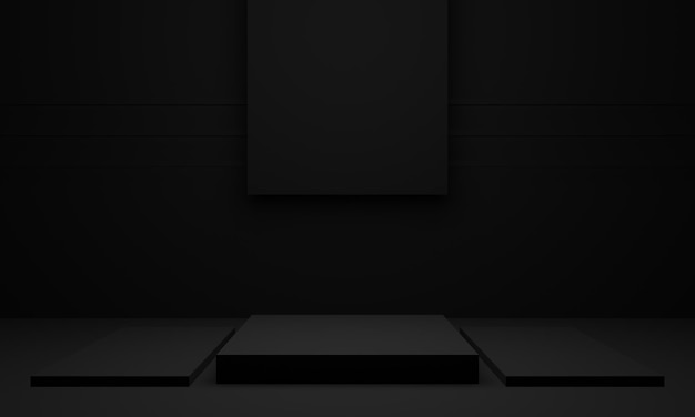 3D rendered black geometric room mockup. Dark background.