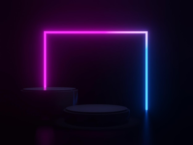 3D rendered black geometric stage with neon light Dark background