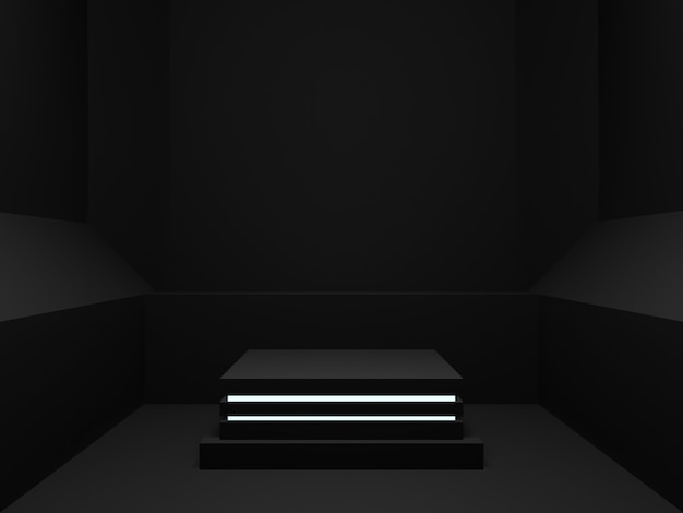 3D rendered black geometric stand mockup. Dark room background.