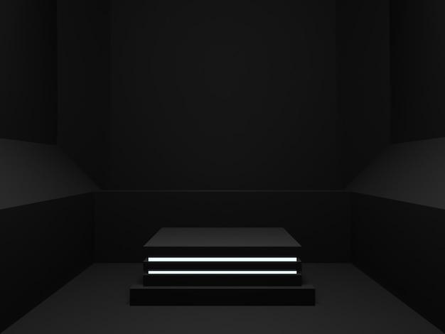 3D rendered black geometric stand mockup. Dark room background.