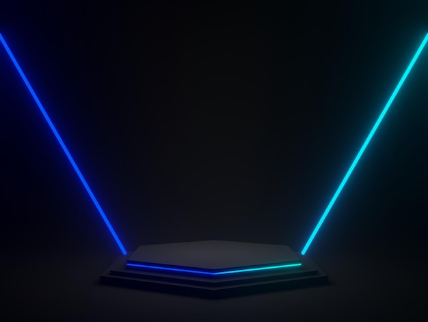 3D rendered Black geometric with blue gradient neon lights. Dark background.