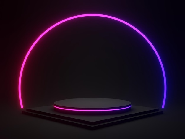 3D rendered Black geometric with gradient neon lights. Dark background.